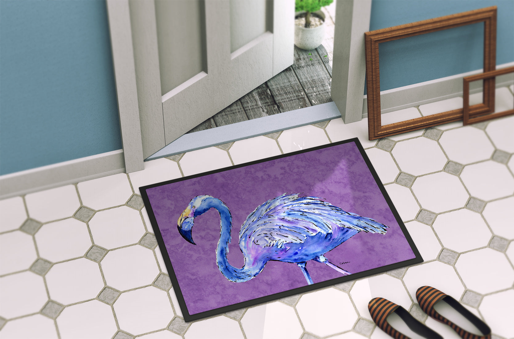 Flamingo on Purple Doormat Indoor Outdoor 24H X 36W Front Door Mat Rugs for Entryway, Non Slip Washable Low Pile,