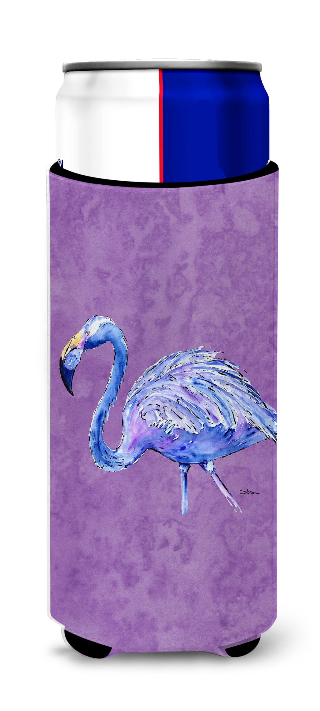 Flamingo on Purple Slim Can Hugger , Insulated Foam Hugger for 12 oz Slim Cans, Beer Bottles & Water Bottles, Printed in USA
