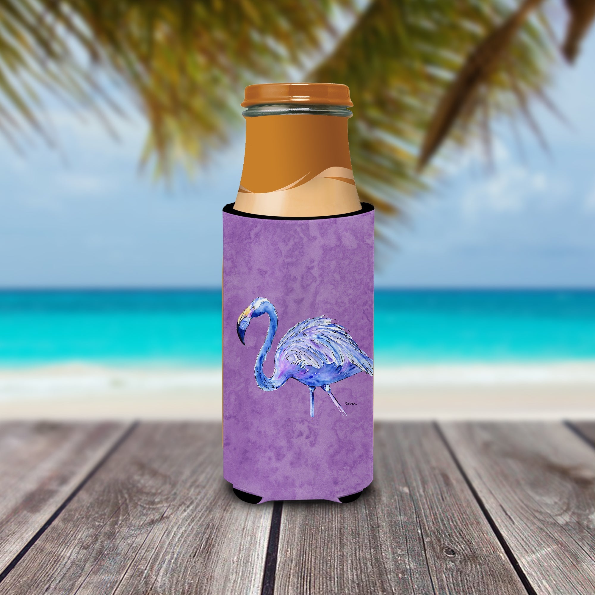 Flamingo on Purple Slim Can Hugger , Insulated Foam Hugger for 12 oz Slim Cans, Beer Bottles & Water Bottles, Printed in USA