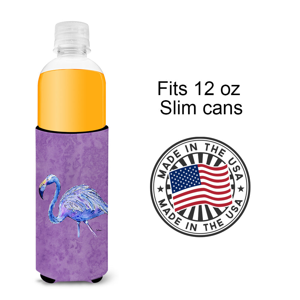 Flamingo on Purple Slim Can Hugger , Insulated Foam Hugger for 12 oz Slim Cans, Beer Bottles & Water Bottles, Printed in USA