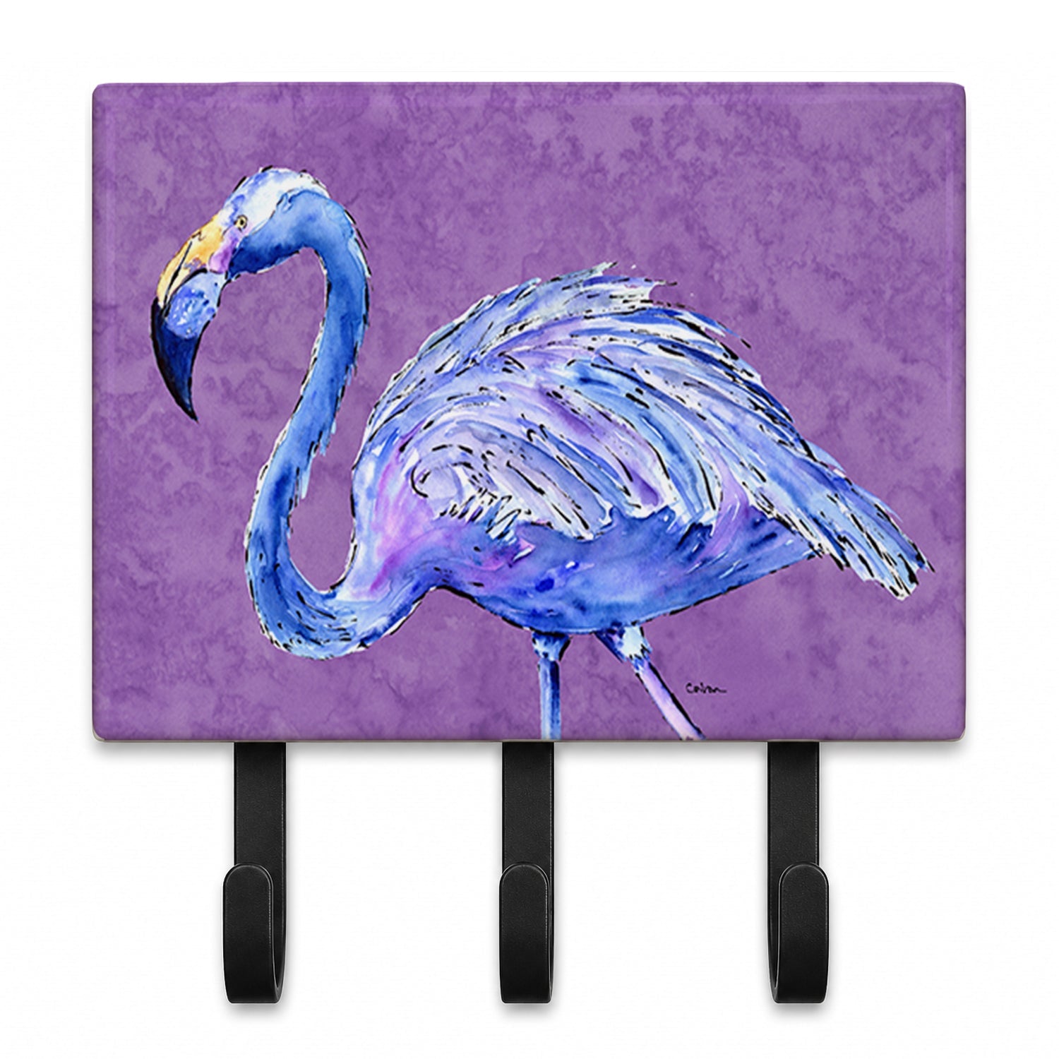 Flamingo on Purple Leash or Key Holder Wall Hooks, Coat Rack Wall Mount, for Hanging Keys, Towels, Aprons, Leashes