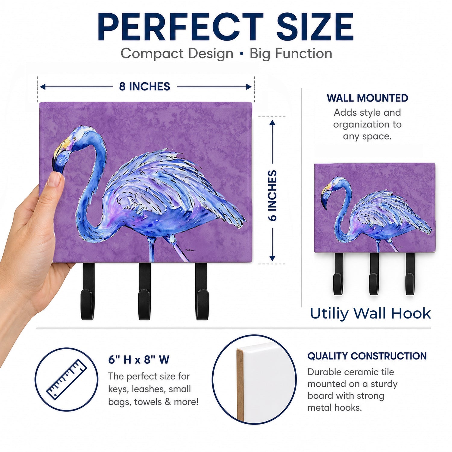 Flamingo on Purple Leash or Key Holder Wall Hooks, Coat Rack Wall Mount, for Hanging Keys, Towels, Aprons, Leashes