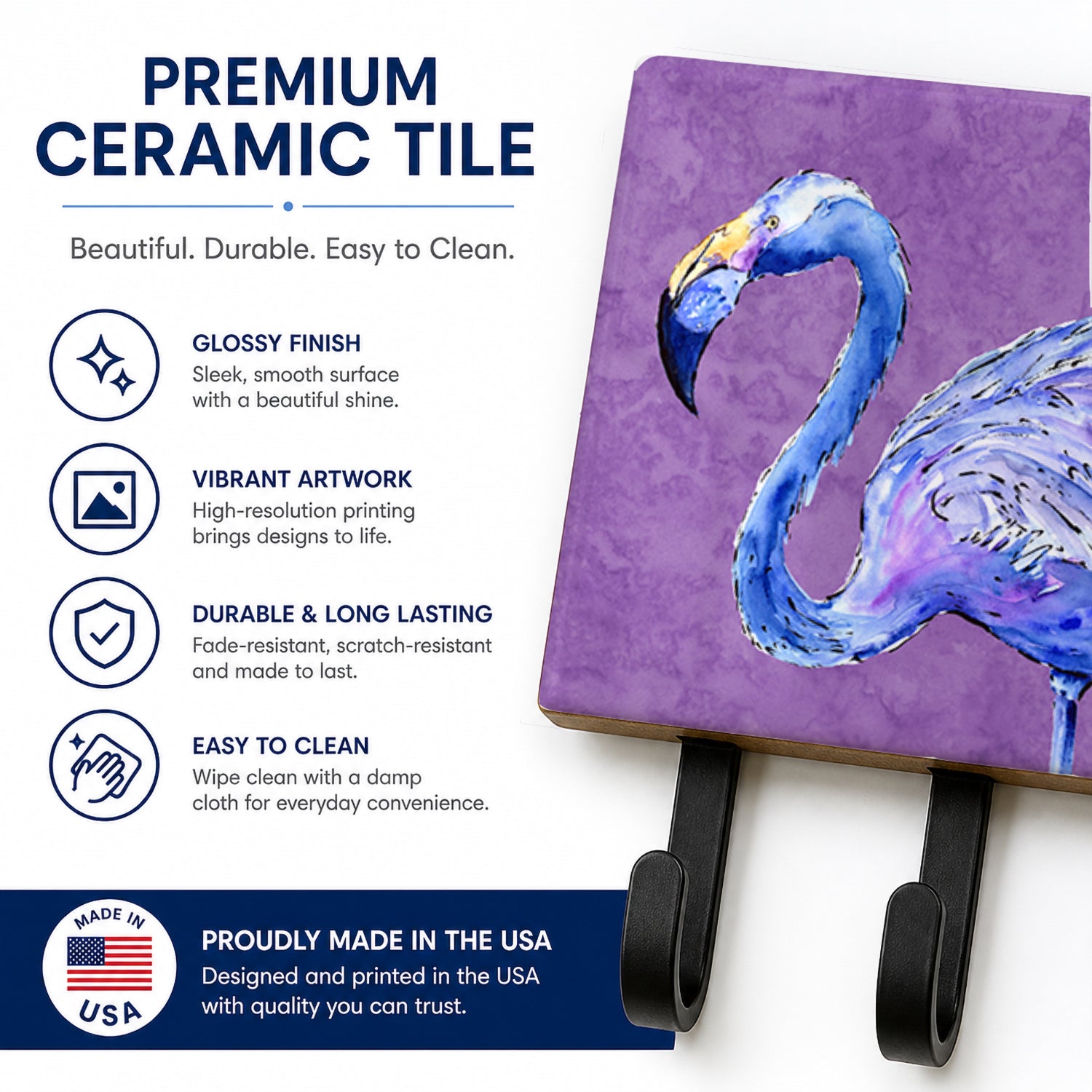 Flamingo on Purple Leash or Key Holder Wall Hooks, Coat Rack Wall Mount, for Hanging Keys, Towels, Aprons, Leashes