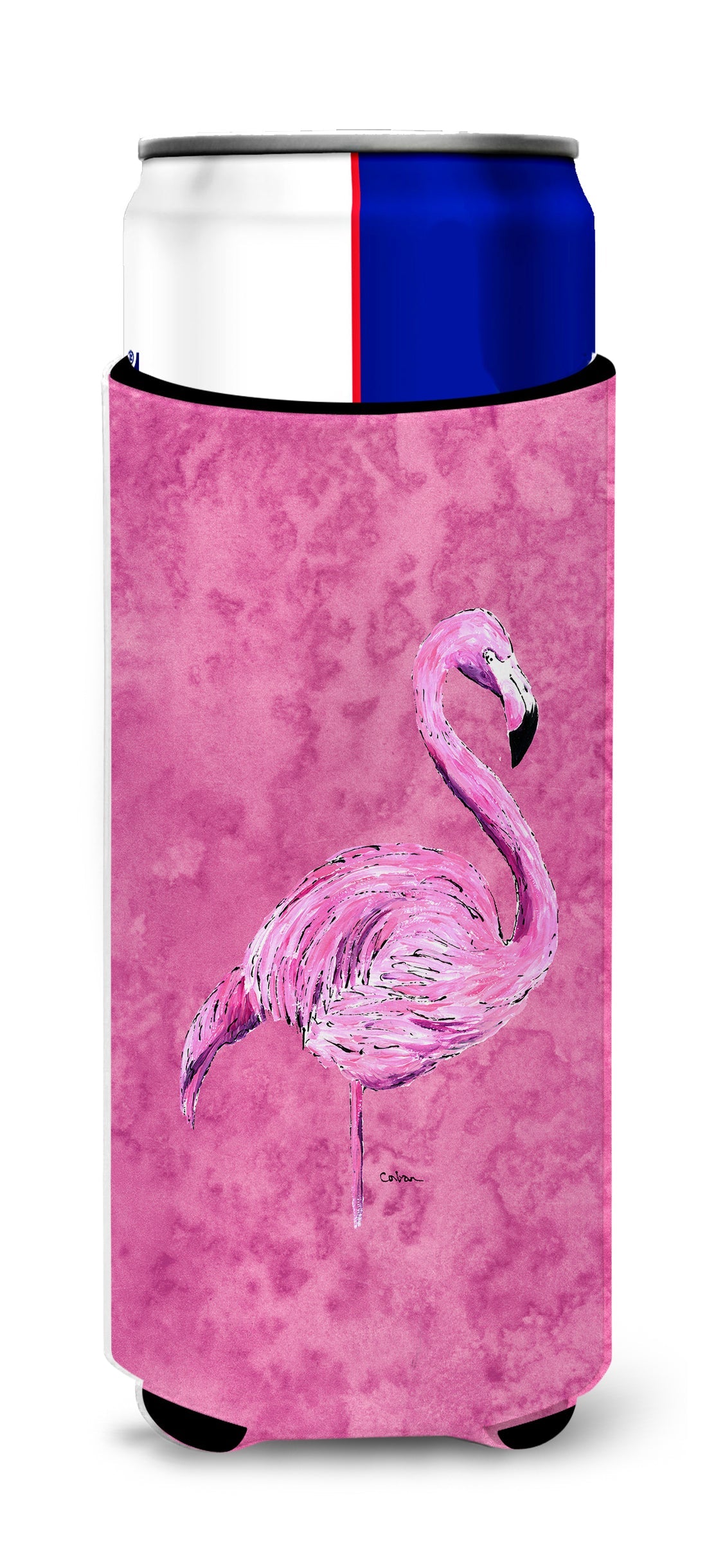 Flamingo on Pink Slim Can Hugger , Insulated Foam Hugger for 12 oz Slim Cans, Beer Bottles & Water Bottles, Printed in USA