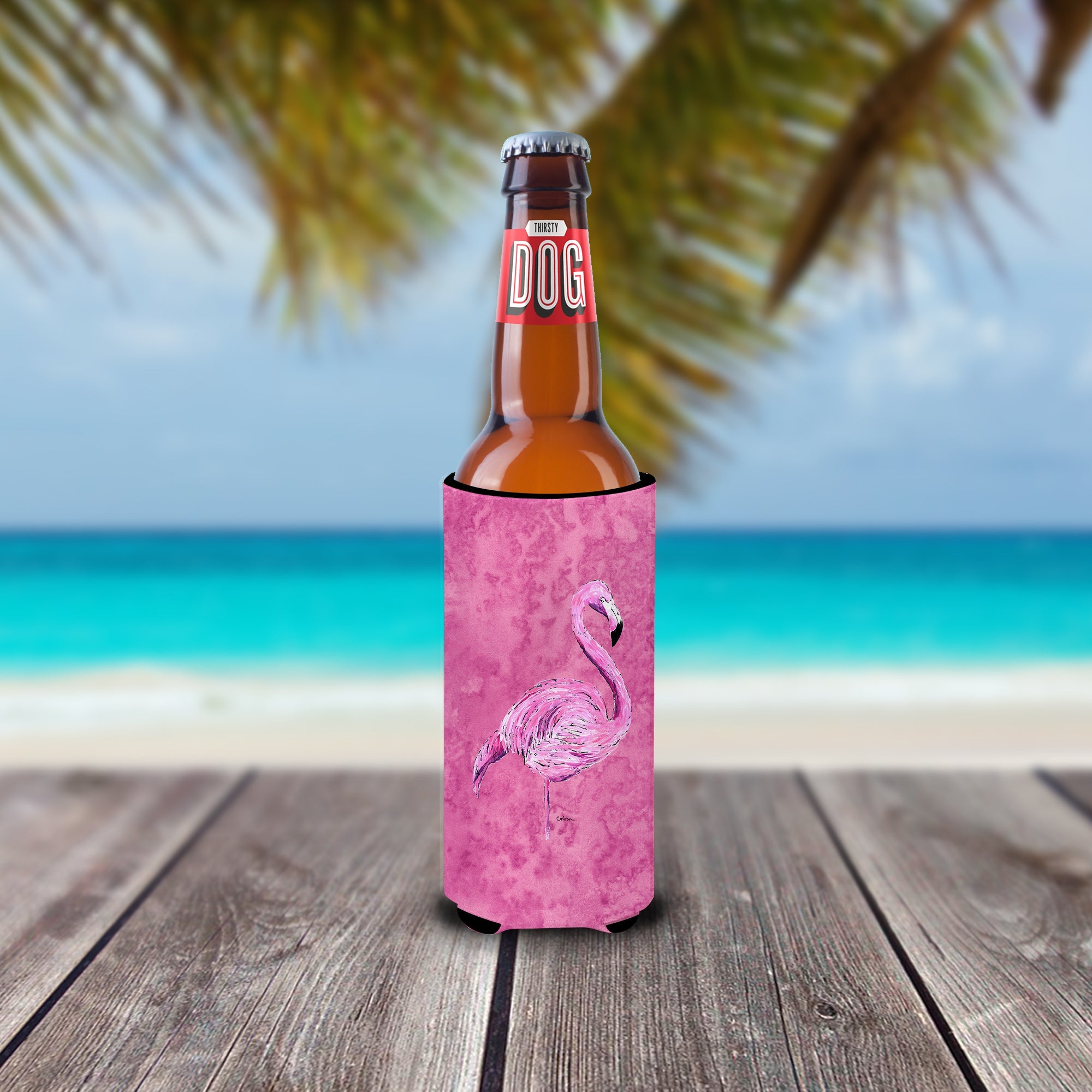 Flamingo on Pink Slim Can Hugger , Insulated Foam Hugger for 12 oz Slim Cans, Beer Bottles & Water Bottles, Printed in USA