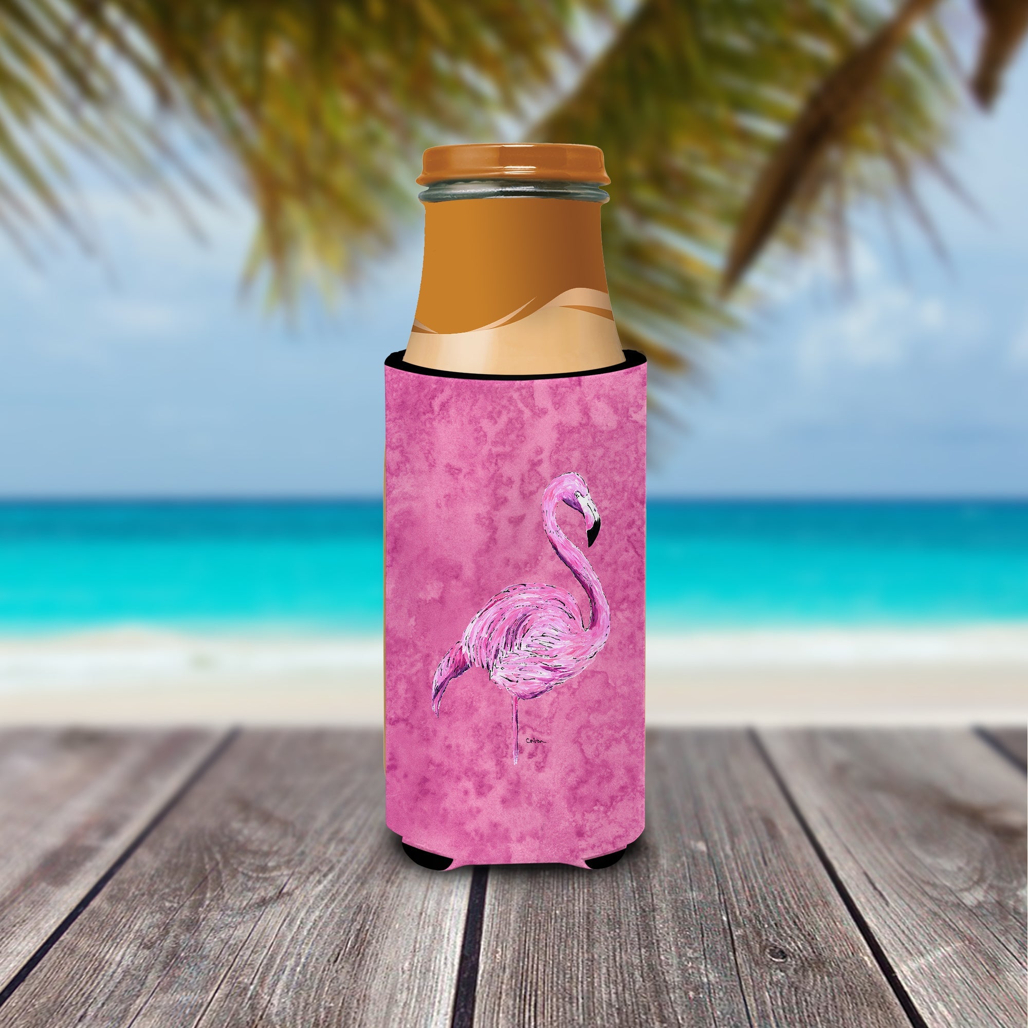 Flamingo on Pink Slim Can Hugger , Insulated Foam Hugger for 12 oz Slim Cans, Beer Bottles & Water Bottles, Printed in USA