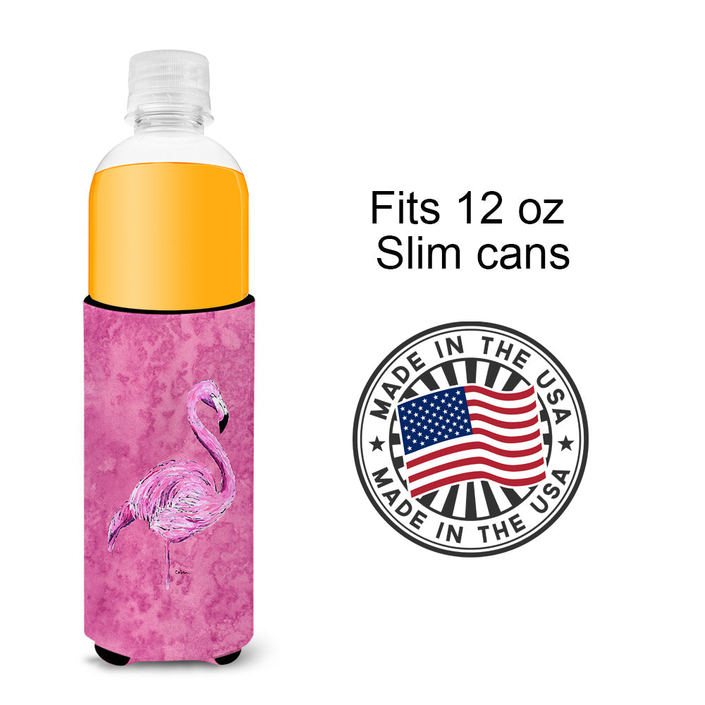 Flamingo on Pink Slim Can Hugger , Insulated Foam Hugger for 12 oz Slim Cans, Beer Bottles & Water Bottles, Printed in USA