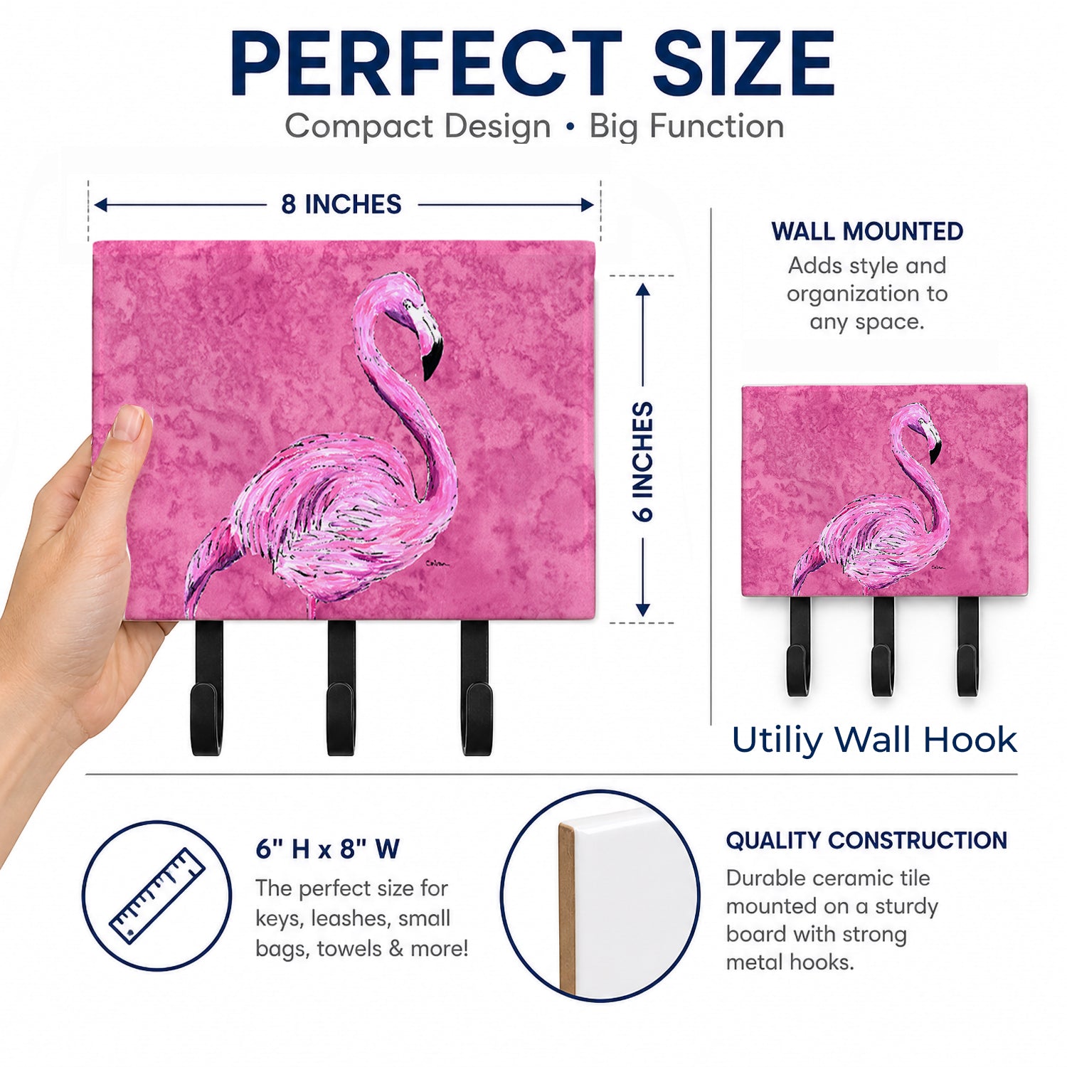 Flamingo on Pink Leash or Key Holder Wall Hooks, Coat Rack Wall Mount, for Hanging Keys, Towels, Aprons, Leashes