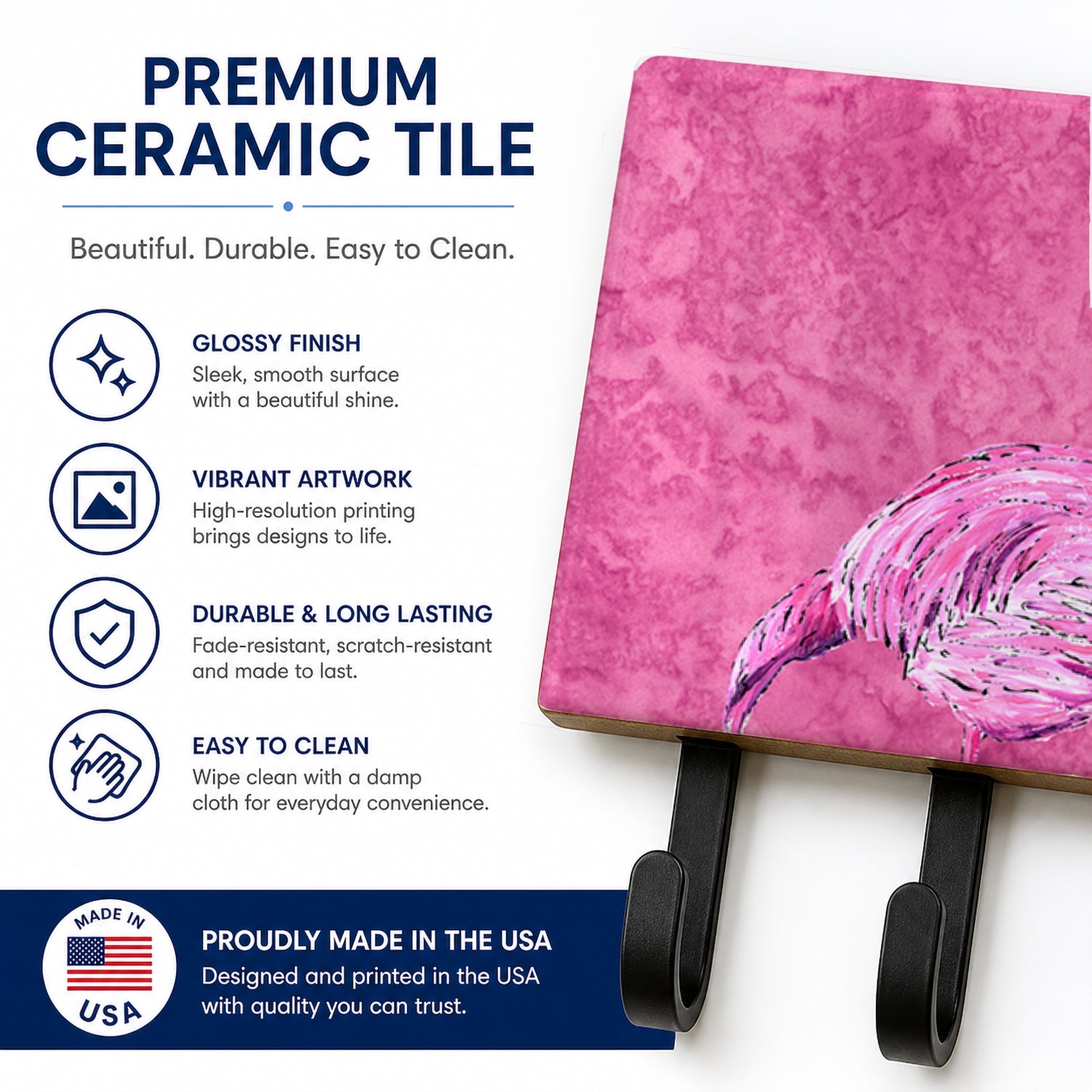 Flamingo on Pink Leash or Key Holder Wall Hooks, Coat Rack Wall Mount, for Hanging Keys, Towels, Aprons, Leashes