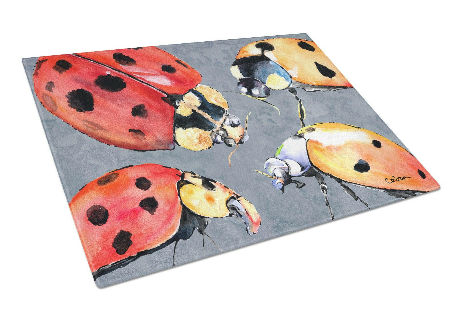 Lady Bug Multiple Cutting Board Tempered Glass Kitchen Cutting Surface, Heat Resistant Chopping, Non-Slip Feet, Food Prep & Serving