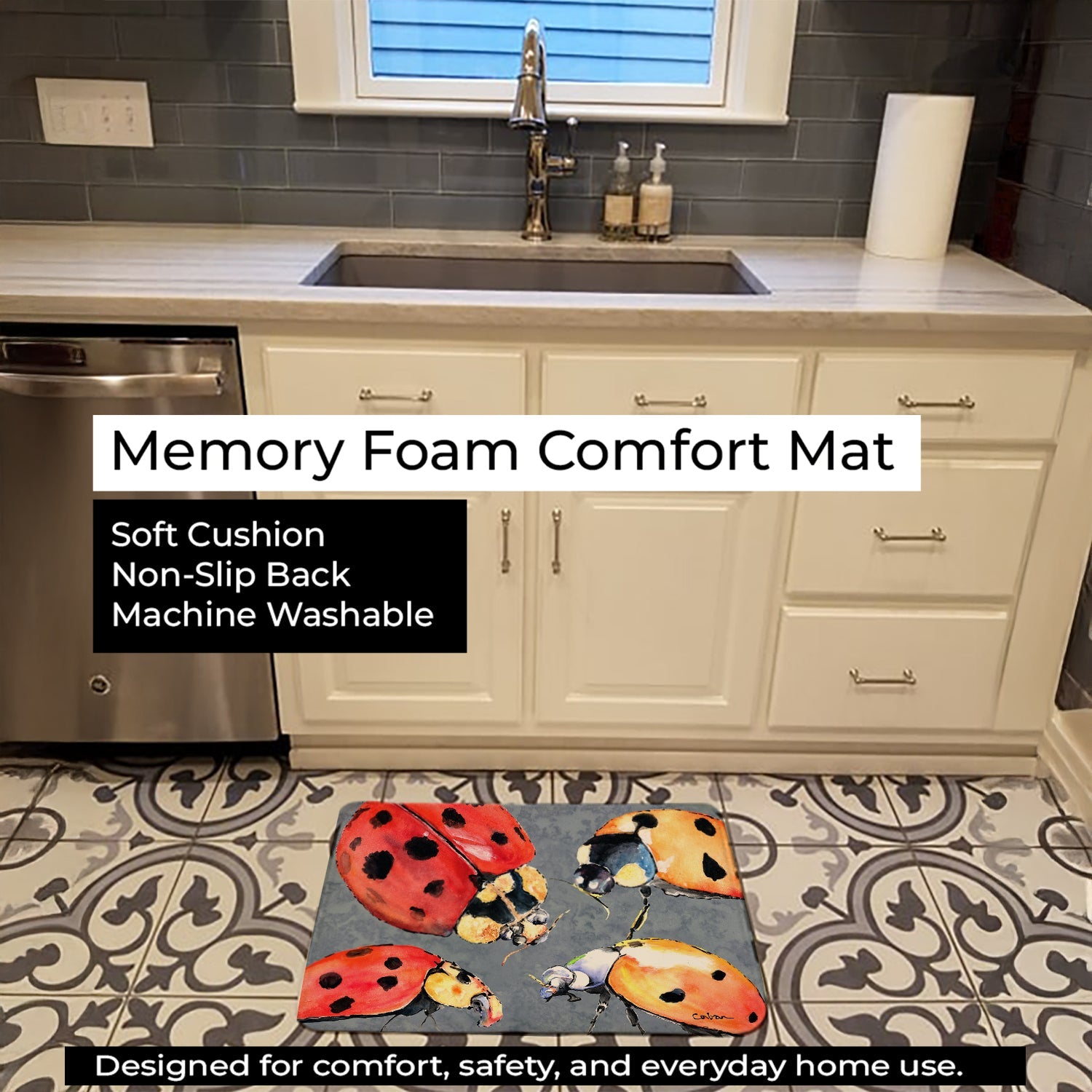 Lady Bug Multiple Memory Foam Kitchen Mat Machine Washable Anti-Fatigue Cushion Comfort Bath or Kitchen Rug
