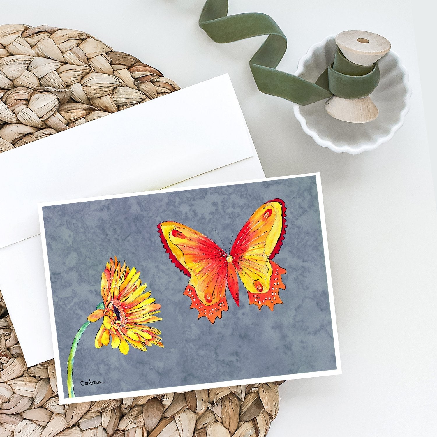 Gerber Daisy and Buttefly Greeting Cards Pack of 8 Blank Cards with Envelopes Whimsical A7 Size 5x7