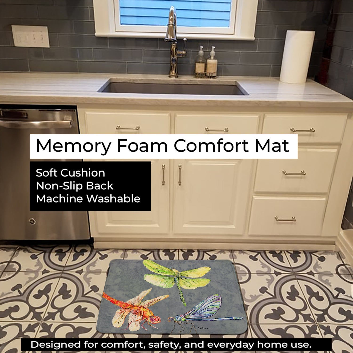 Dragonfly Times Three Memory Foam Kitchen Mat Machine Washable Anti-Fatigue Cushion Comfort Bath or Kitchen Rug