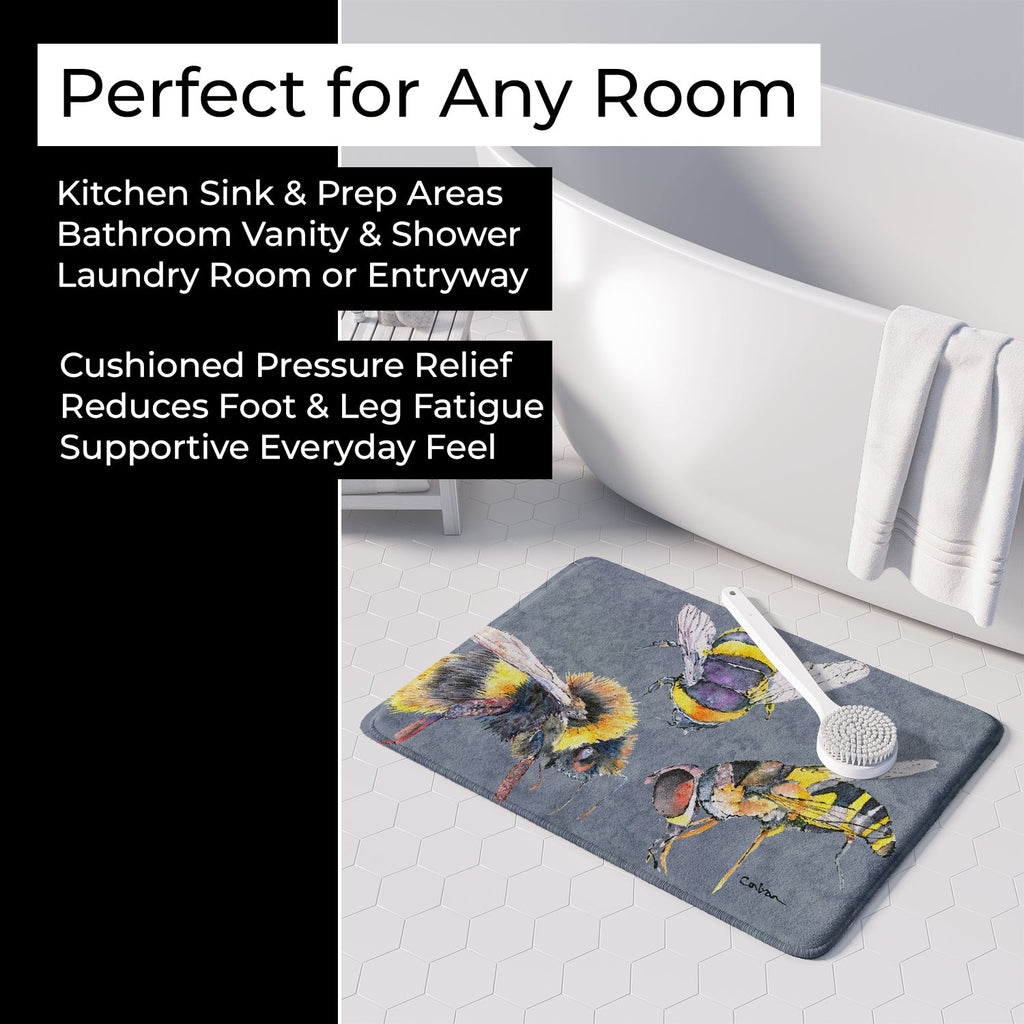 Bee Bees Times Three Memory Foam Kitchen Mat Machine Washable Anti-Fatigue Cushion Comfort Bath or Kitchen Rug