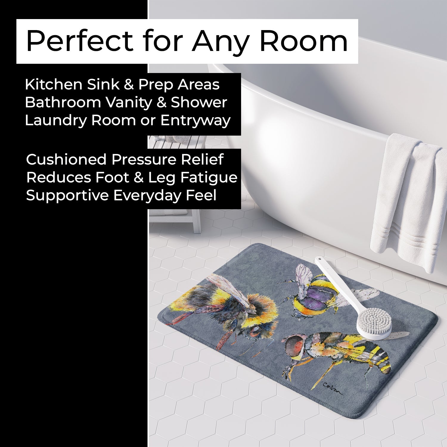 Bee Bees Times Three Memory Foam Kitchen Mat Machine Washable Anti-Fatigue Cushion Comfort Bath or Kitchen Rug