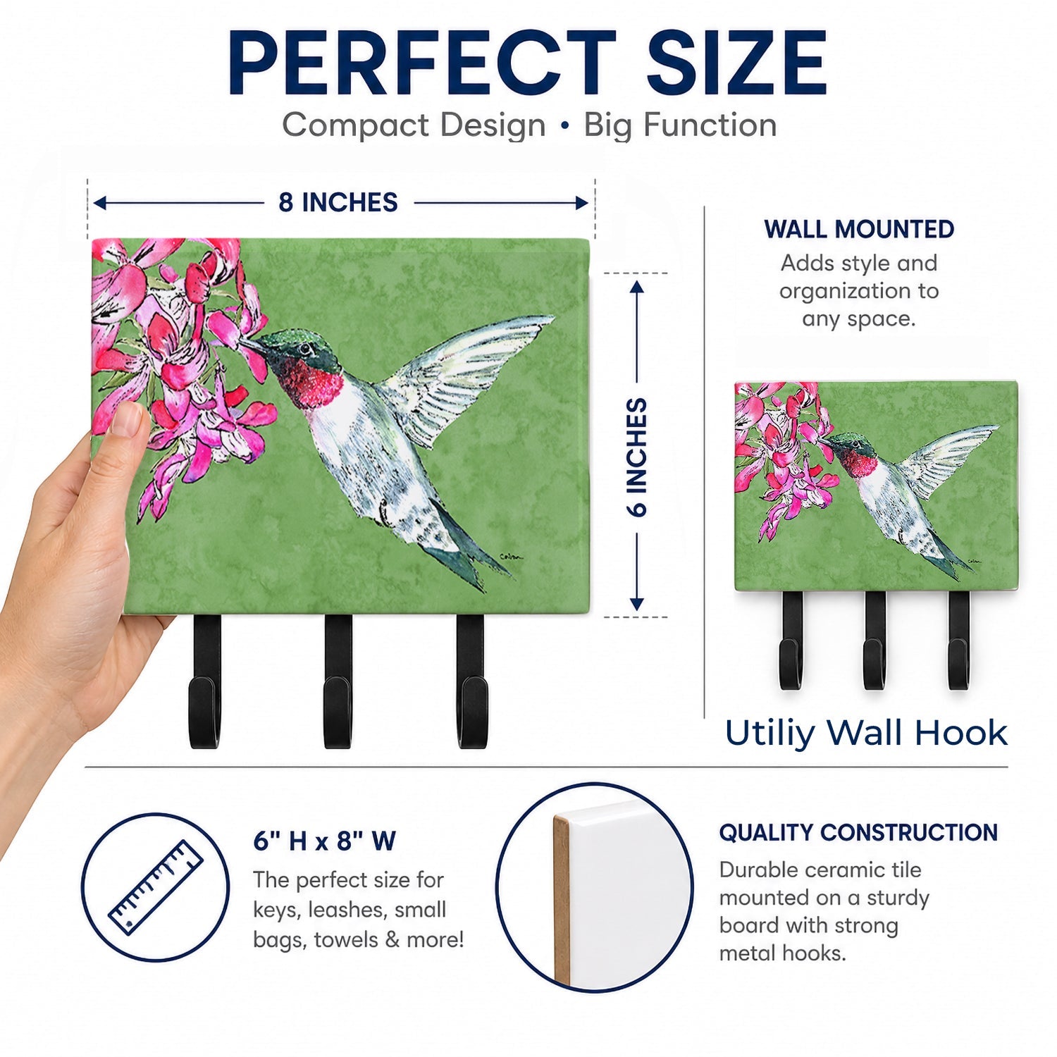 Hummingbird Leash or Key Holder Wall Hooks, Coat Rack Wall Mount, for Hanging Keys, Towels, Aprons, Leashes