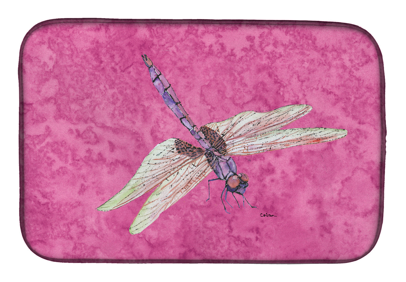 Dragonfly on Pink Dish Drying Mat Absorbent Dish Drying Mat Pad for Kitchen Counter Dish Drainer Mat for Countertop, 14 x 21", Multicolor