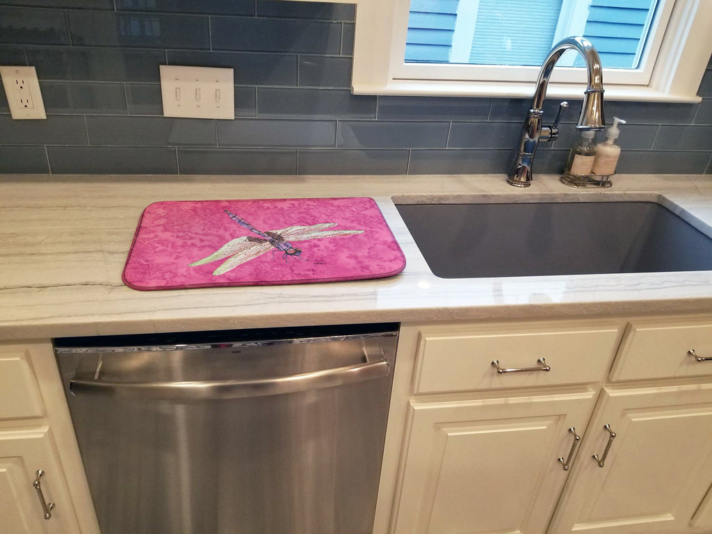 Dragonfly on Pink Dish Drying Mat Absorbent Dish Drying Mat Pad for Kitchen Counter Dish Drainer Mat for Countertop, 14 x 21", Multicolor