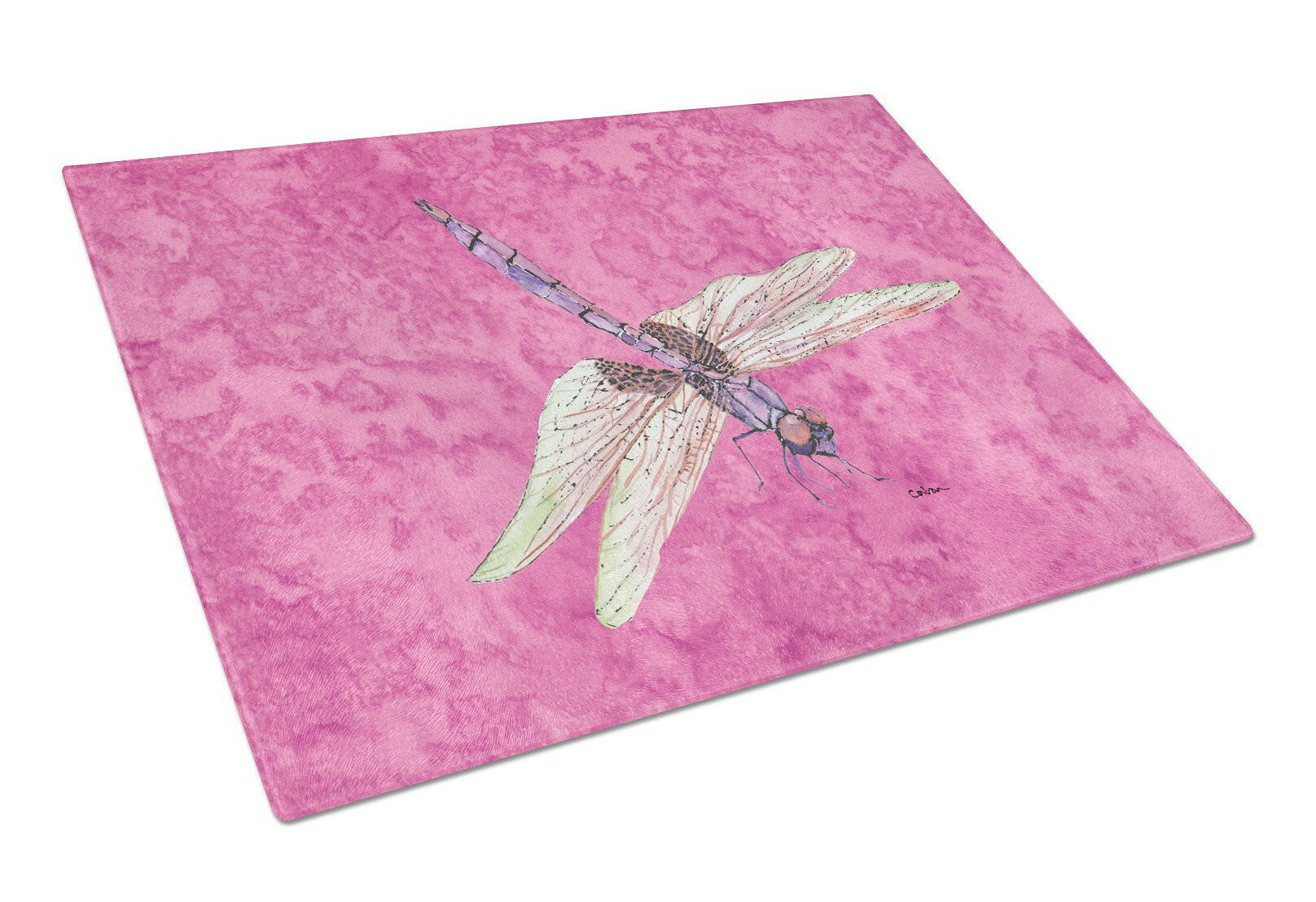 Dragonfly on Pink Cutting Board Tempered Glass Kitchen Cutting Surface, Heat Resistant Chopping, Non-Slip Feet, Food Prep & Serving