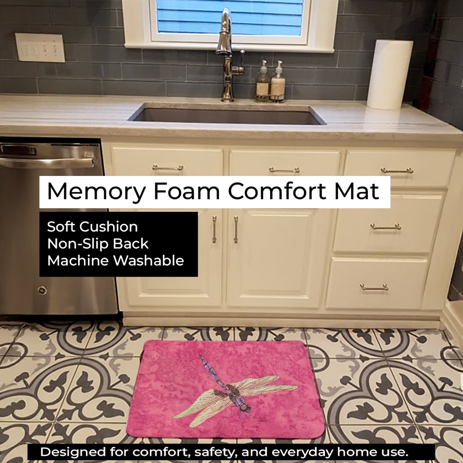 Dragonfly on Pink Memory Foam Kitchen Mat Machine Washable Anti-Fatigue Cushion Comfort Bath or Kitchen Rug