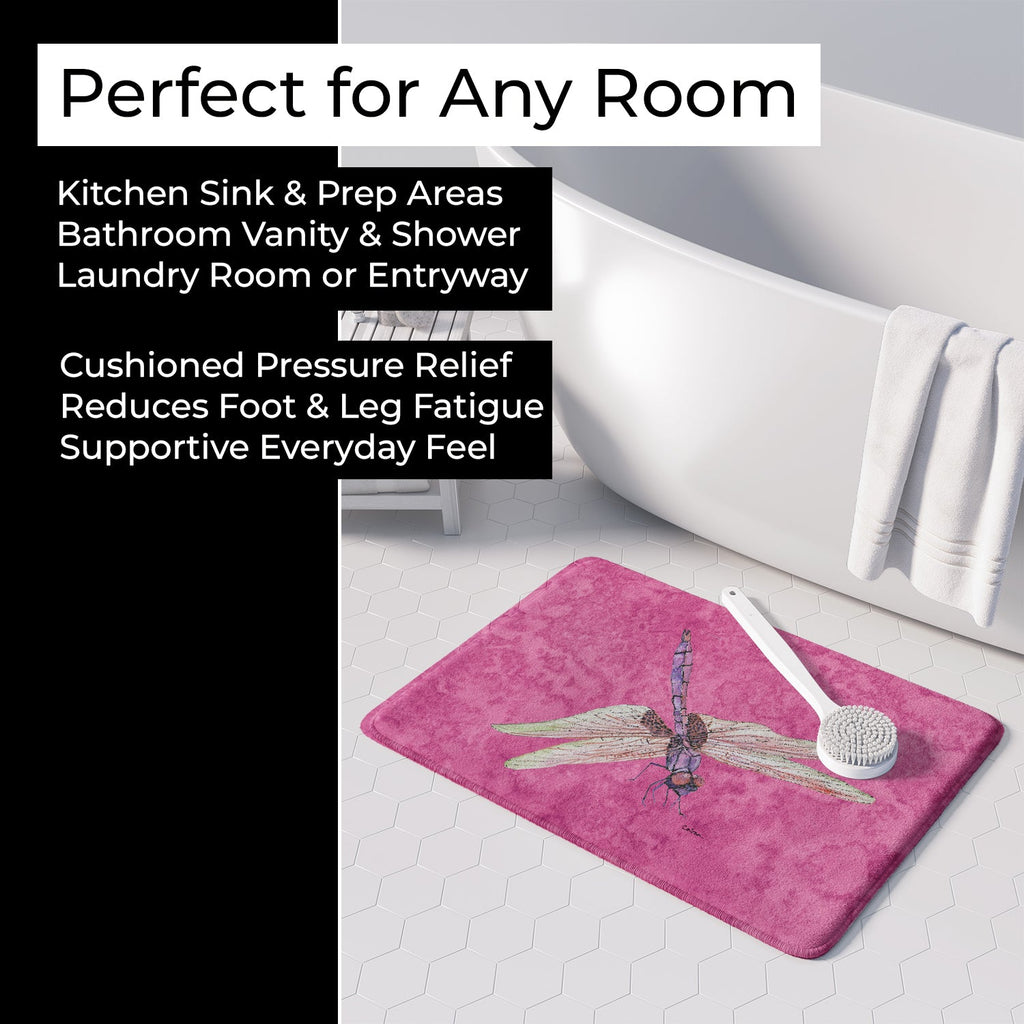 Dragonfly on Pink Memory Foam Kitchen Mat Machine Washable Anti-Fatigue Cushion Comfort Bath or Kitchen Rug