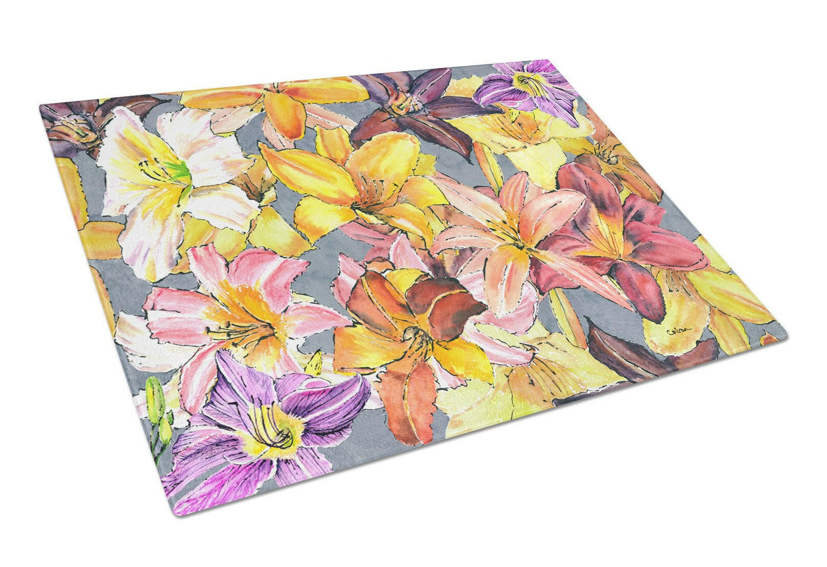 Day Lillies Cutting Board Tempered Glass Kitchen Cutting Surface, Heat Resistant Chopping, Non-Slip Feet, Food Prep & Serving