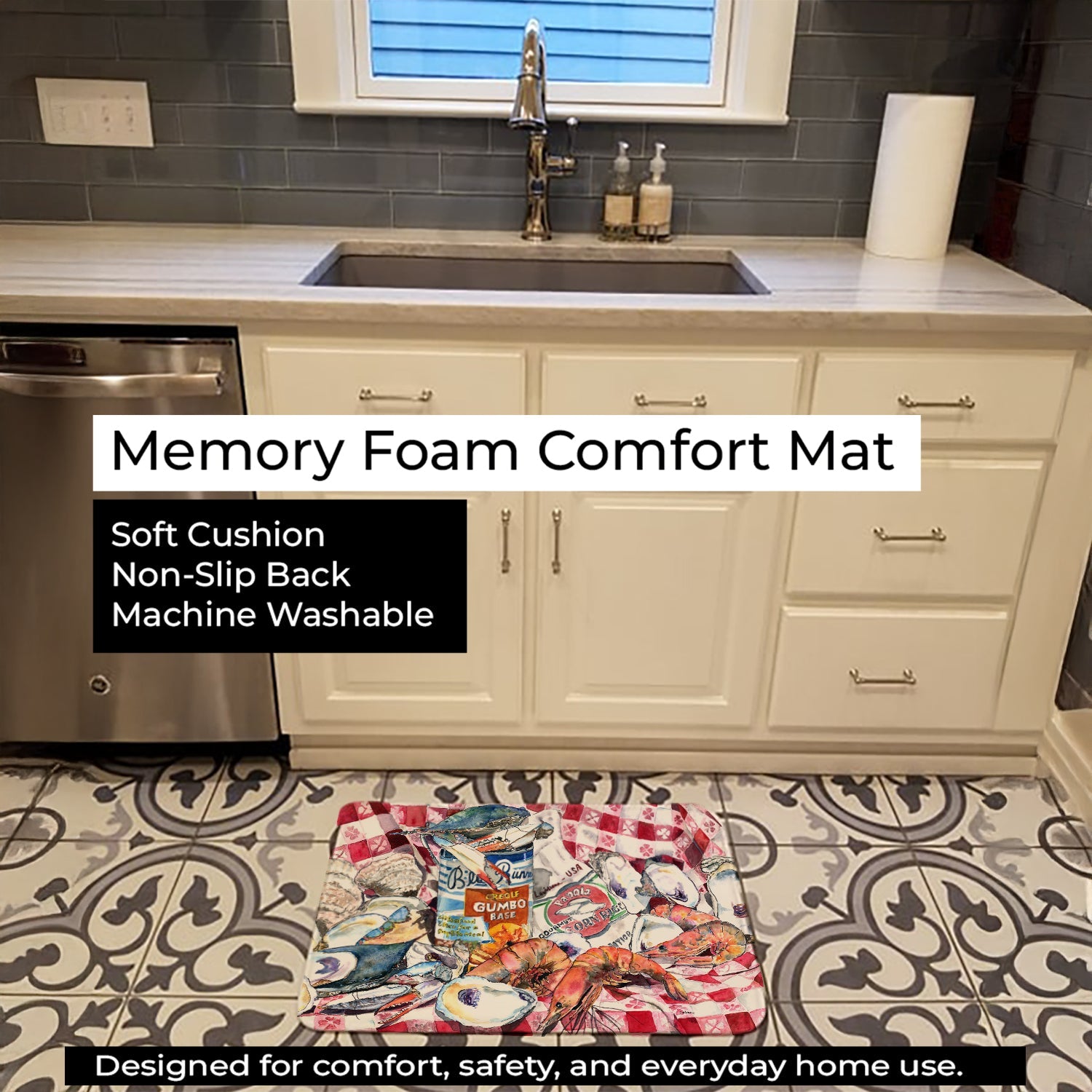 Blue Runner Gumbo Receipe Memory Foam Kitchen Mat Machine Washable Anti-Fatigue Cushion Comfort Bath or Kitchen Rug