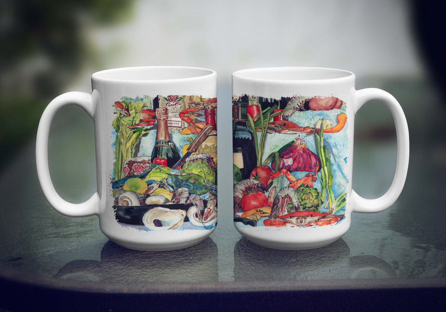Wine Crab Shrimp and Oysters Ceramic Coffee Mug 15 oz Decorative Large C Handle Mug Cup for Tea, Cocoa Hot Chocolate
