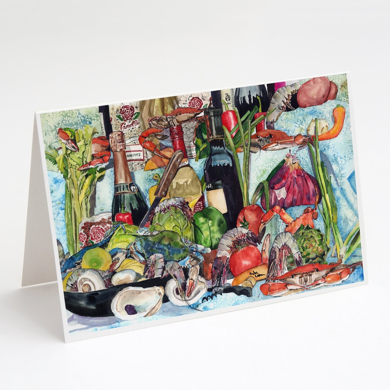 Wine Crab Shrimp and Oysters Greeting Cards Pack of 8 Blank Cards with Envelopes Whimsical A7 Size 5x7