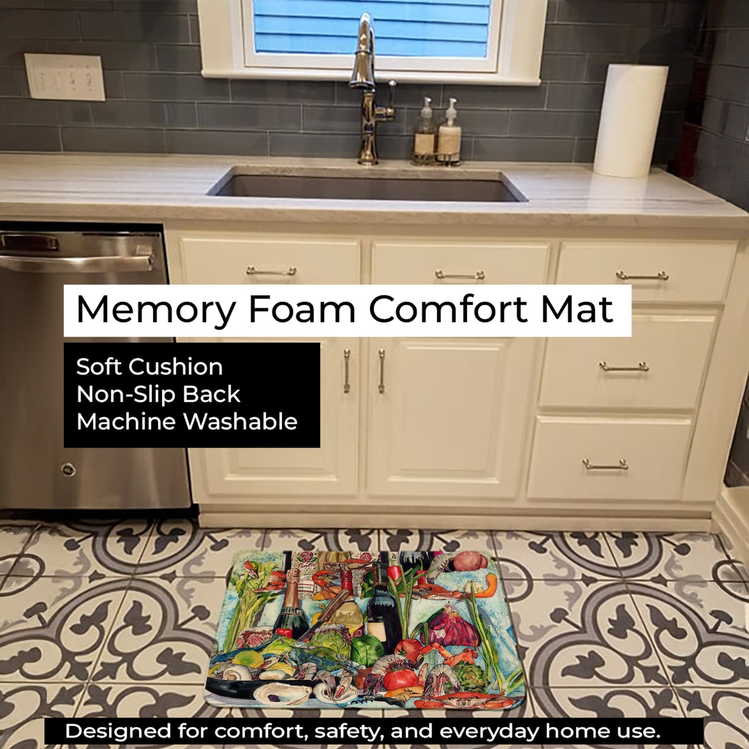 Wine Crab Shrimp and Oysters Memory Foam Kitchen Mat Machine Washable Anti-Fatigue Cushion Comfort Bath or Kitchen Rug
