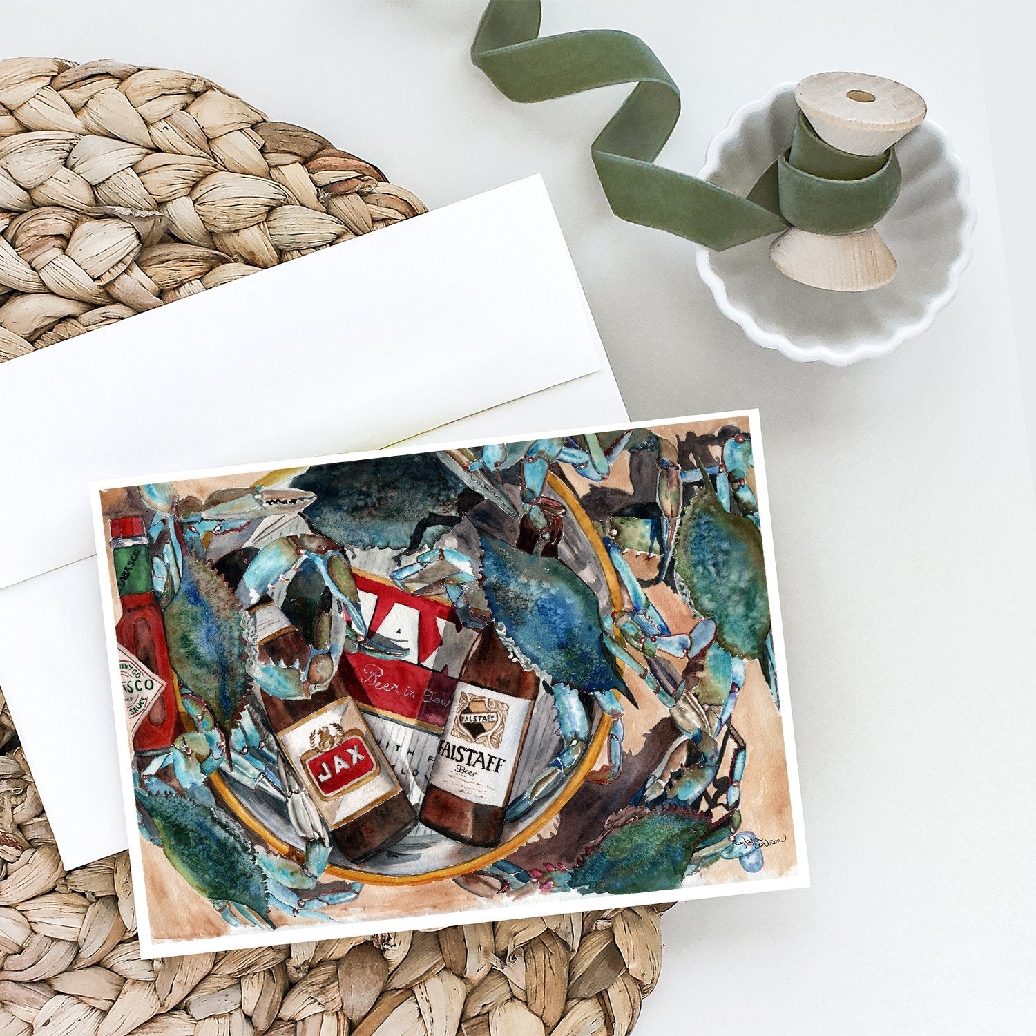 New Orleans Beers and Crabs Greeting Cards Pack of 8 Blank Cards with Envelopes Whimsical A7 Size 5x7