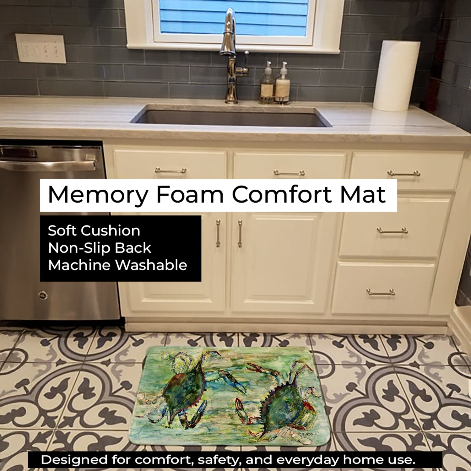 Blue Crab Standoff Memory Foam Kitchen Mat Machine Washable Anti-Fatigue Cushion Comfort Bath or Kitchen Rug