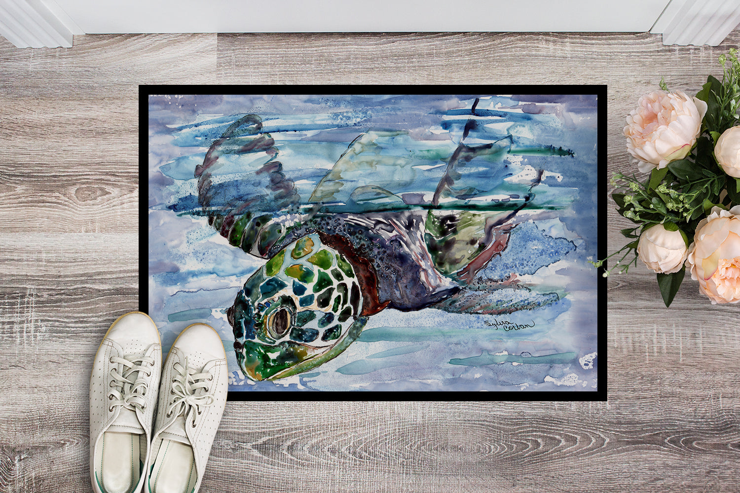 Loggerhead Turtle in a Dive Doormat Indoor Outdoor 24H X 36W Front Door Mat Rugs for Entryway, Non Slip Washable Low Pile,