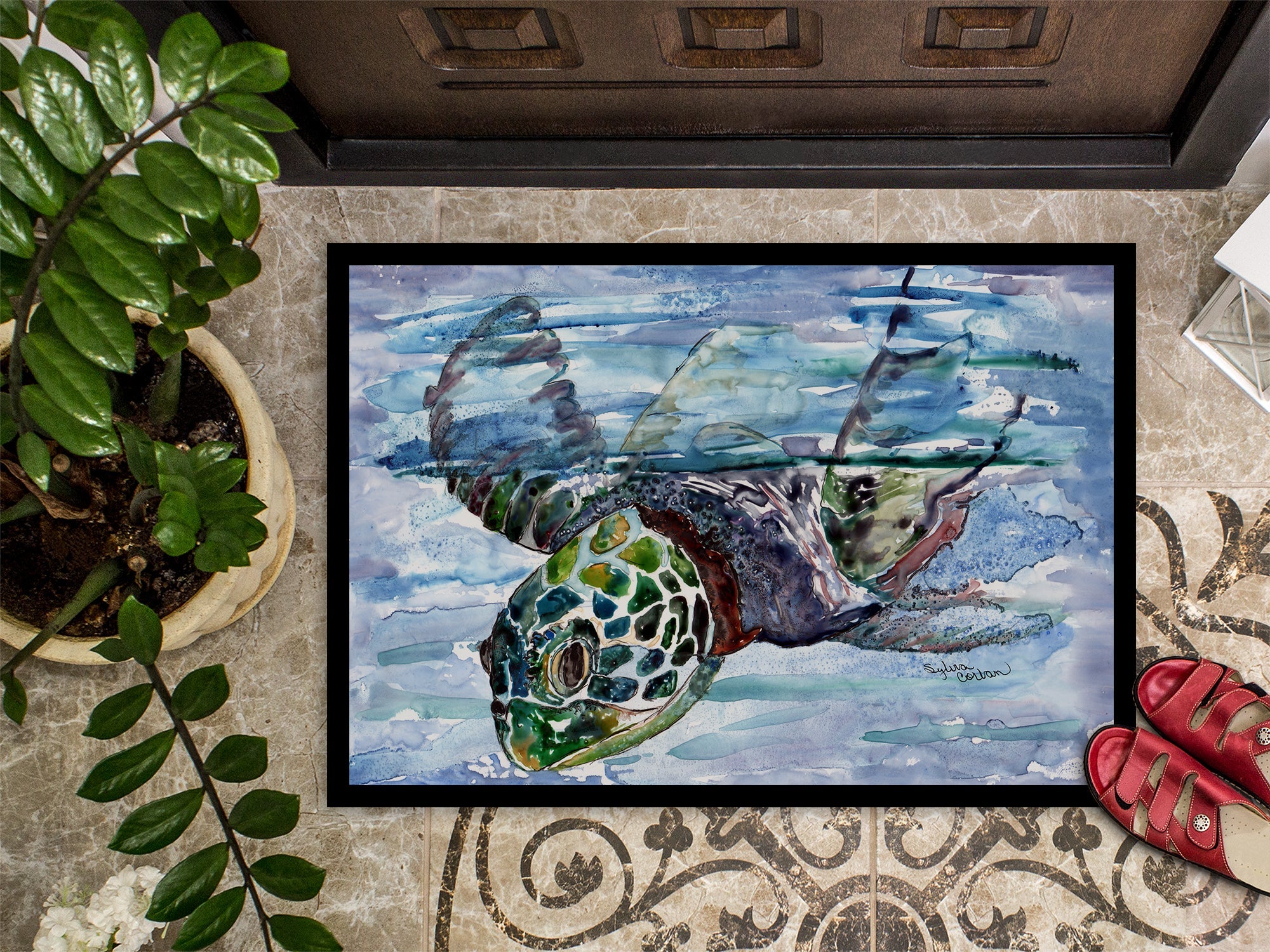 Loggerhead Turtle in a Dive Doormat Indoor Outdoor 24H X 36W Front Door Mat Rugs for Entryway, Non Slip Washable Low Pile,
