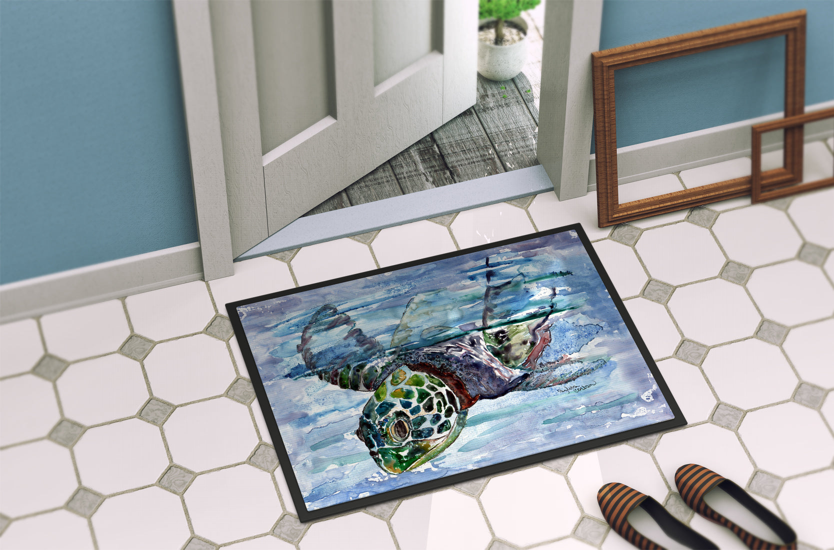 Loggerhead Turtle in a Dive Doormat Indoor Outdoor 24H X 36W Front Door Mat Rugs for Entryway, Non Slip Washable Low Pile,