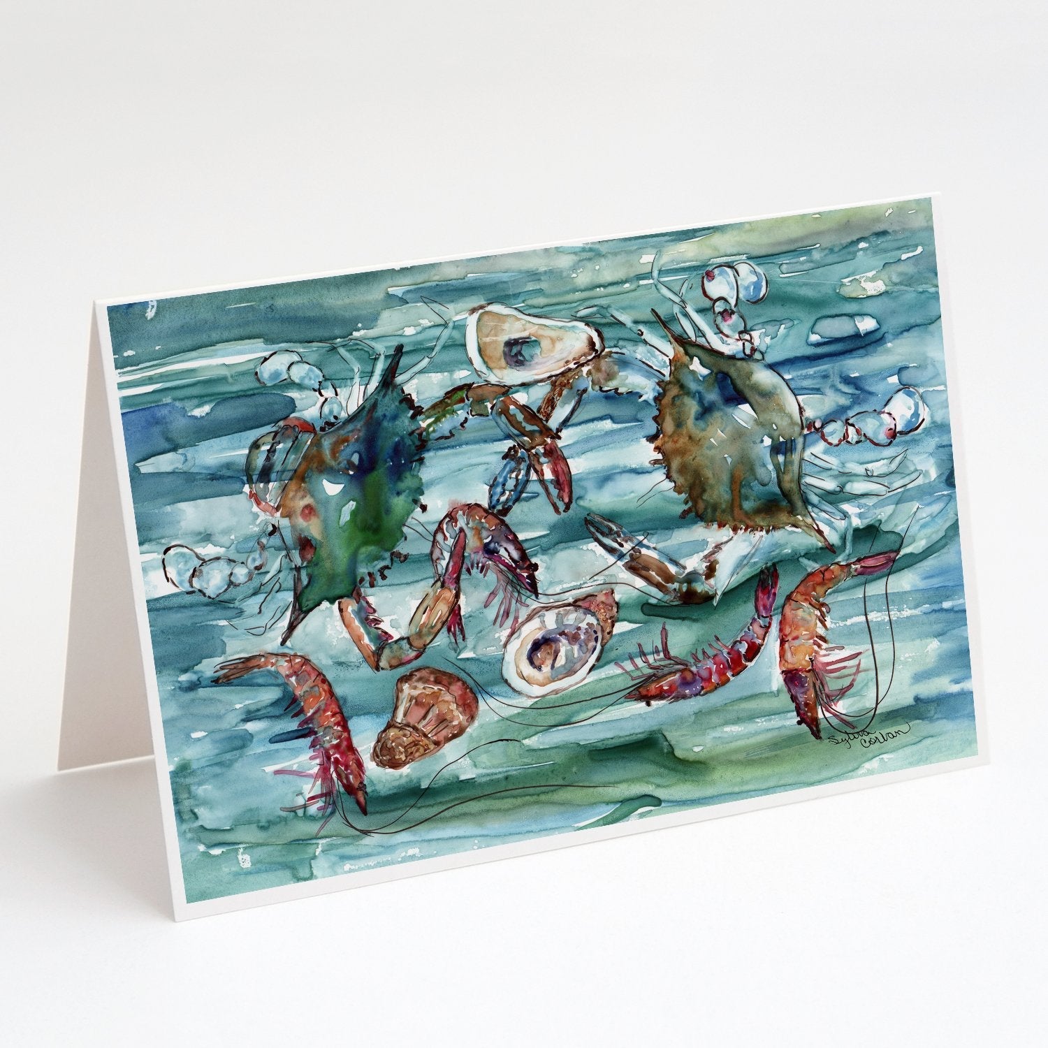 Crabs, Shrimp and Oysters in Water Greeting Cards Pack of 8 Blank Cards with Envelopes Whimsical A7 Size 5x7