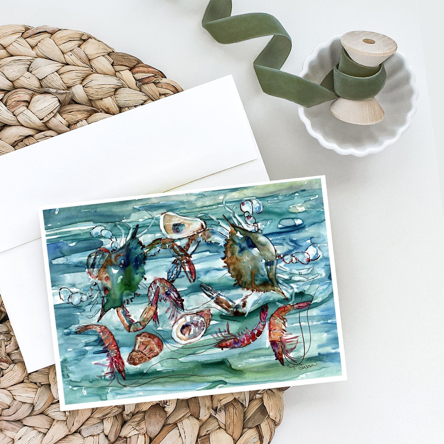 Crabs, Shrimp and Oysters in Water Greeting Cards Pack of 8 Blank Cards with Envelopes Whimsical A7 Size 5x7