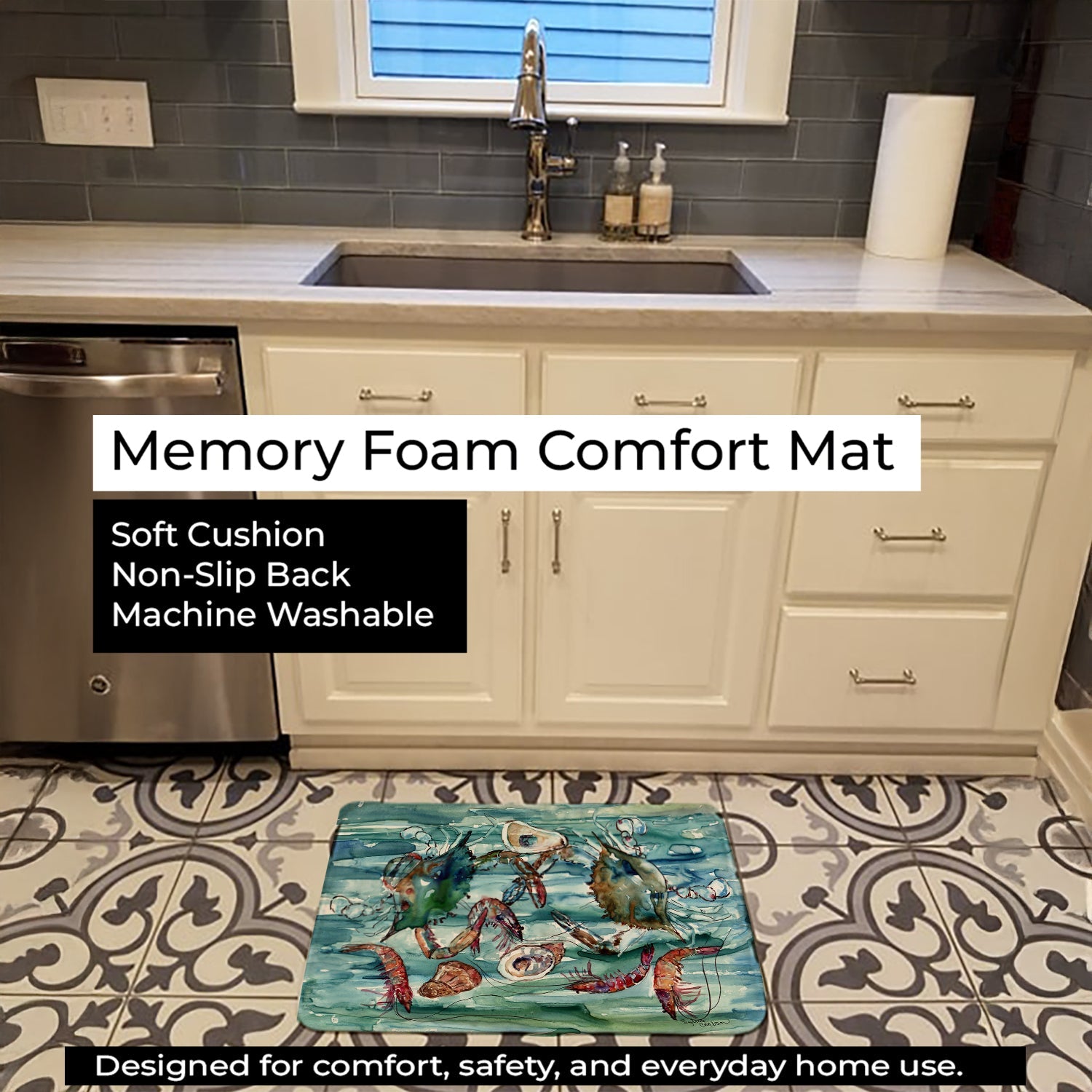 Crabs, Shrimp and Oysters in Water Memory Foam Kitchen Mat Machine Washable Anti-Fatigue Cushion Comfort Bath or Kitchen Rug