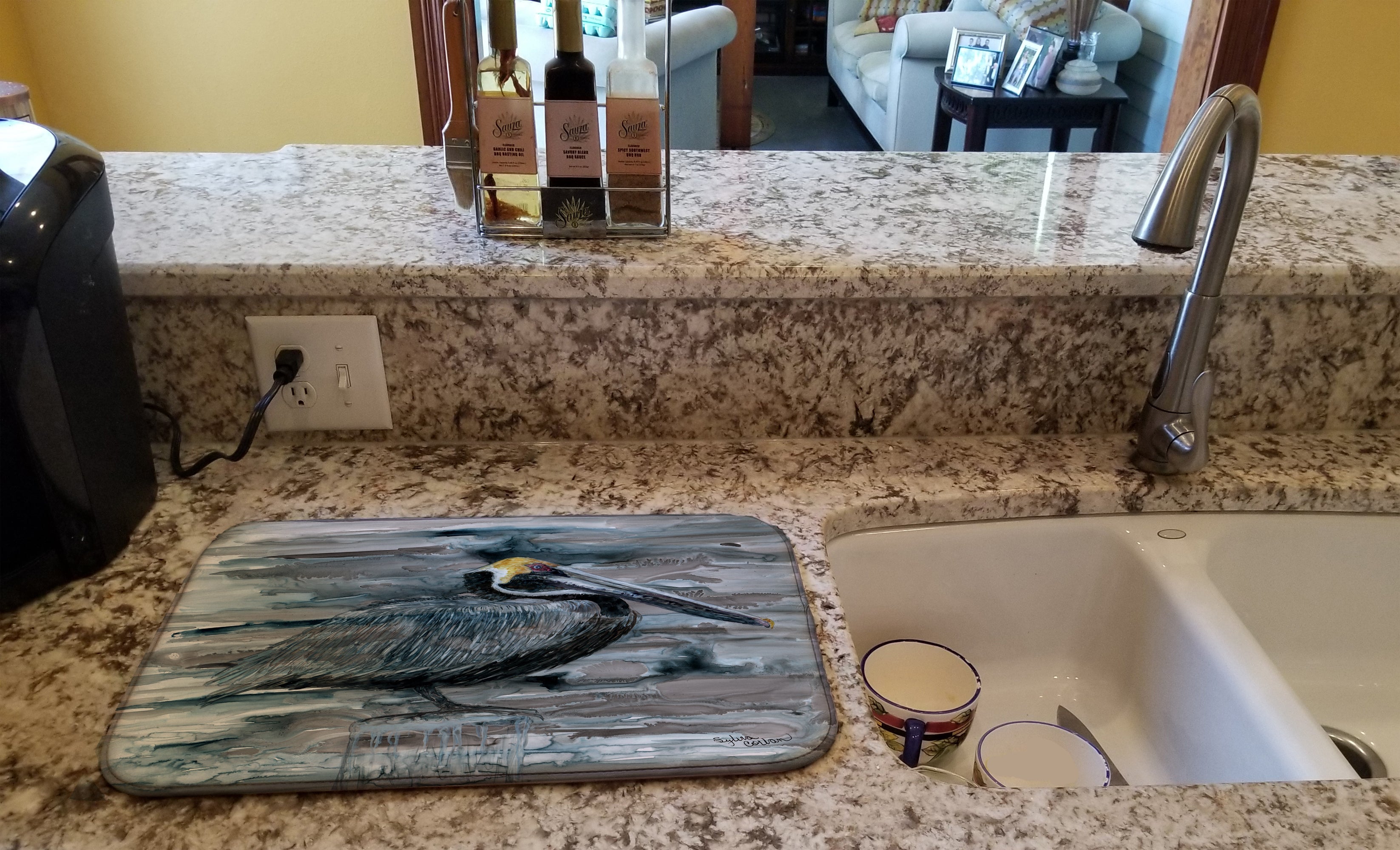 Pelican in Grey Dish Drying Mat Absorbent Dish Drying Mat Pad for Kitchen Counter Dish Drainer Mat for Countertop, 14 x 21", Multicolor