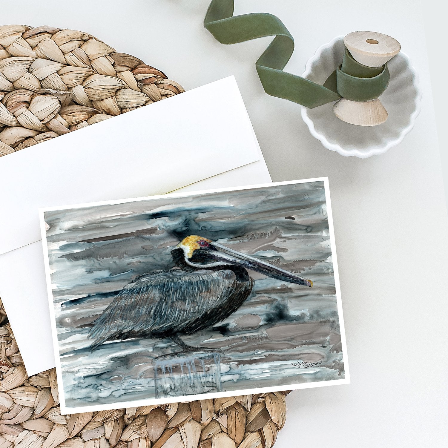 Pelican in Grey Greeting Cards Pack of 8 Blank Cards with Envelopes Whimsical A7 Size 5x7