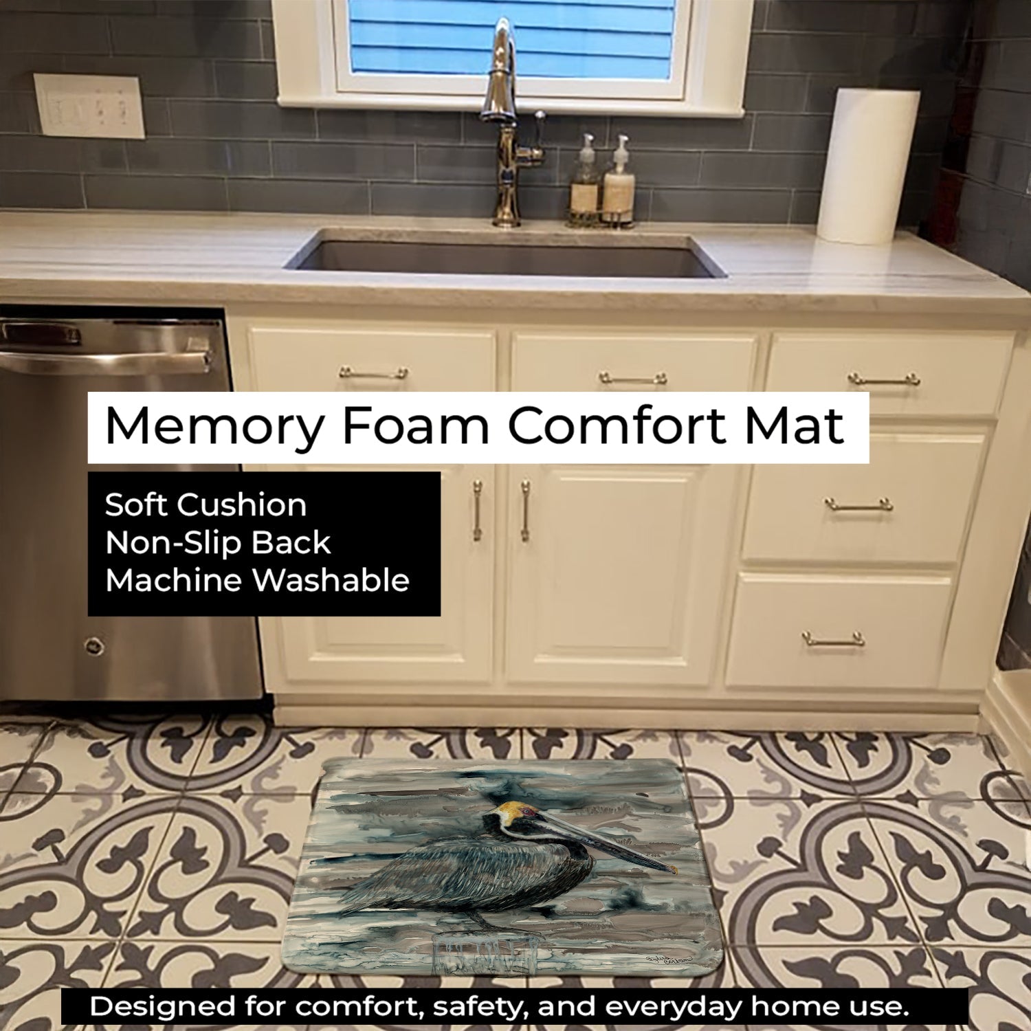 Pelican in Grey Memory Foam Kitchen Mat Machine Washable Anti-Fatigue Cushion Comfort Bath or Kitchen Rug