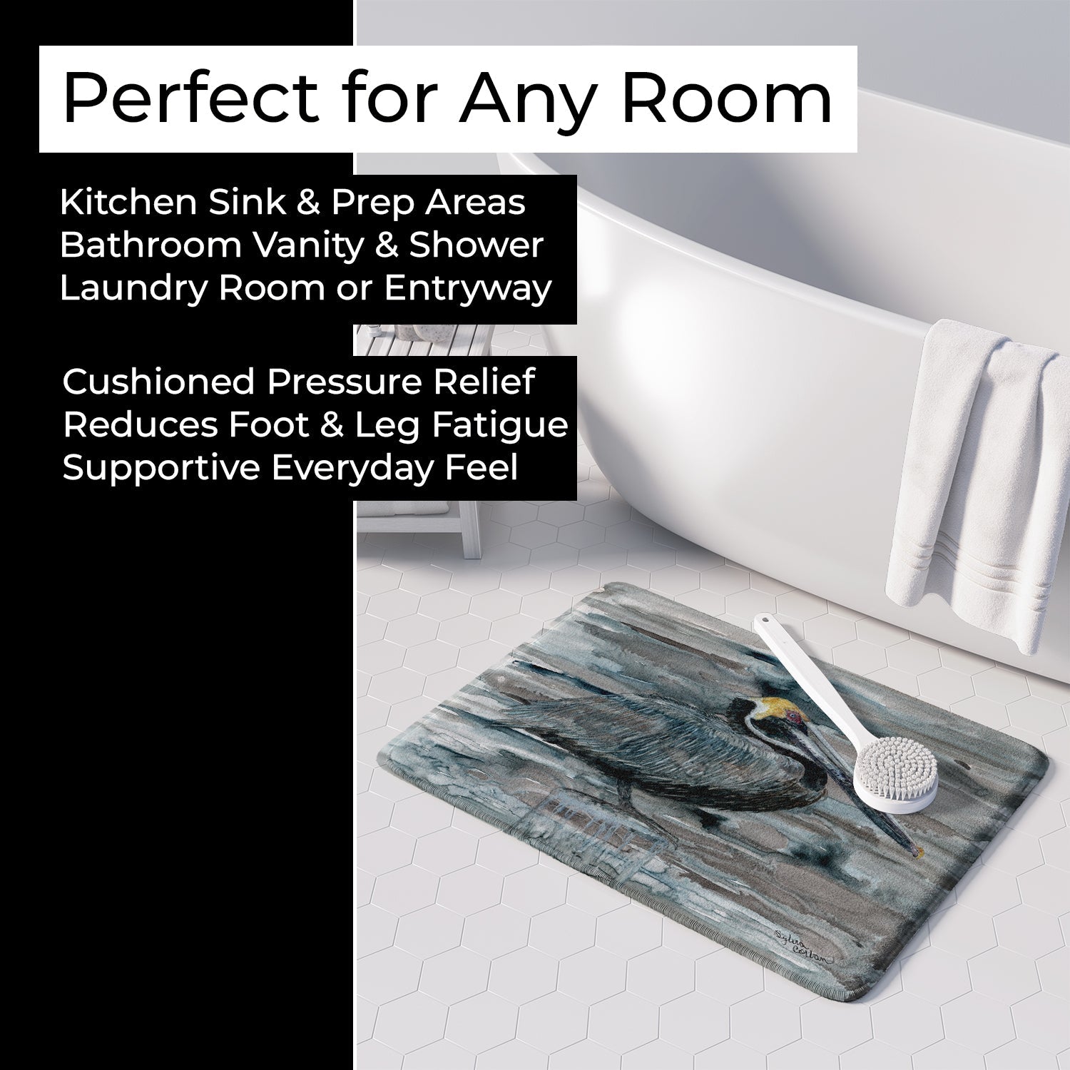 Pelican in Grey Memory Foam Kitchen Mat Machine Washable Anti-Fatigue Cushion Comfort Bath or Kitchen Rug
