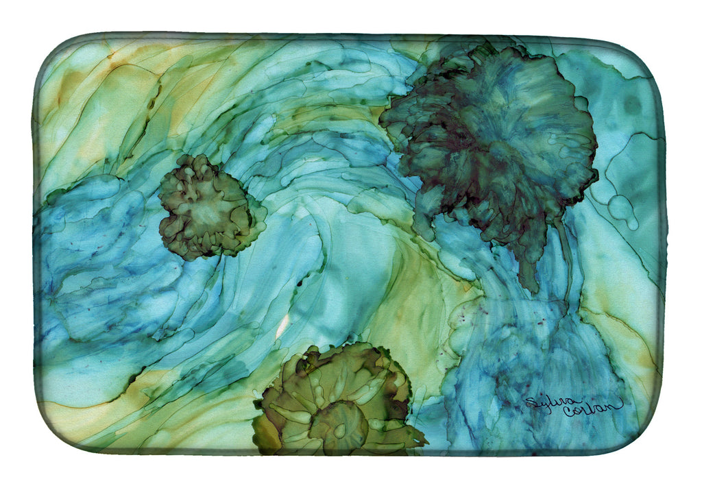 Abstract in Teal Flowers Dish Drying Mat Absorbent Dish Drying Mat Pad for Kitchen Counter Dish Drainer Mat for Countertop, 14 x 21", Multicolor