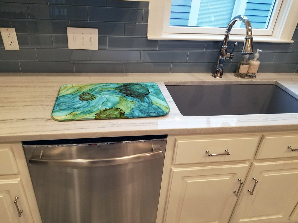 Abstract in Teal Flowers Dish Drying Mat Absorbent Dish Drying Mat Pad for Kitchen Counter Dish Drainer Mat for Countertop, 14 x 21", Multicolor
