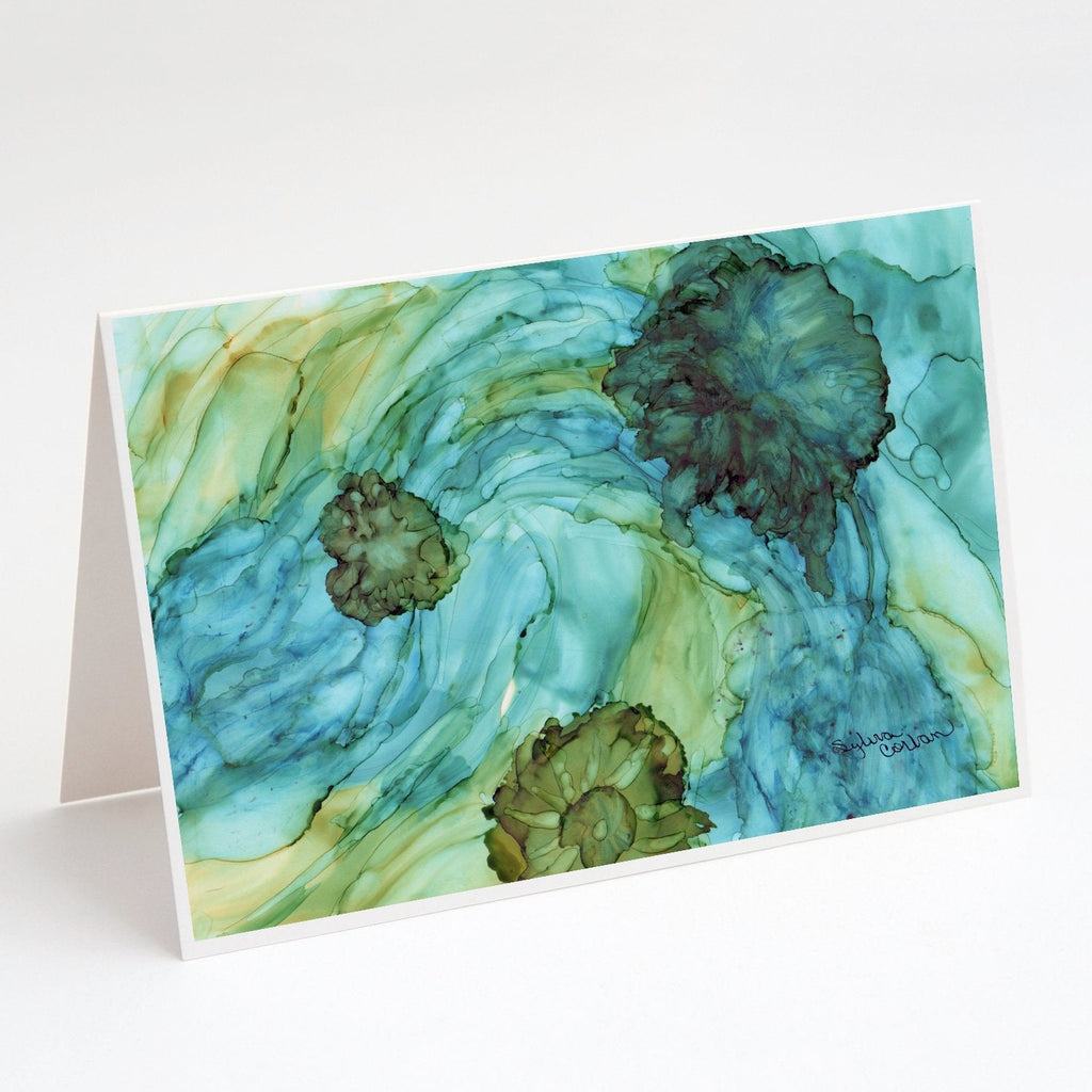 Abstract in Teal Flowers Greeting Cards Pack of 8 Blank Cards with Envelopes Whimsical A7 Size 5x7