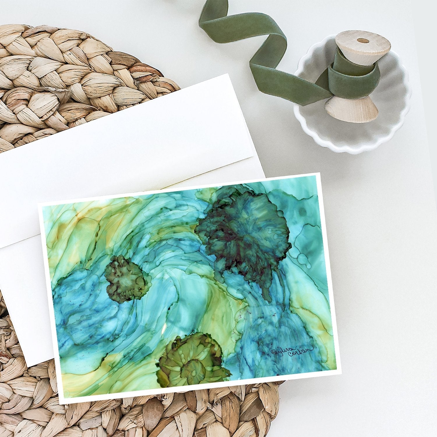Abstract in Teal Flowers Greeting Cards Pack of 8 Blank Cards with Envelopes Whimsical A7 Size 5x7
