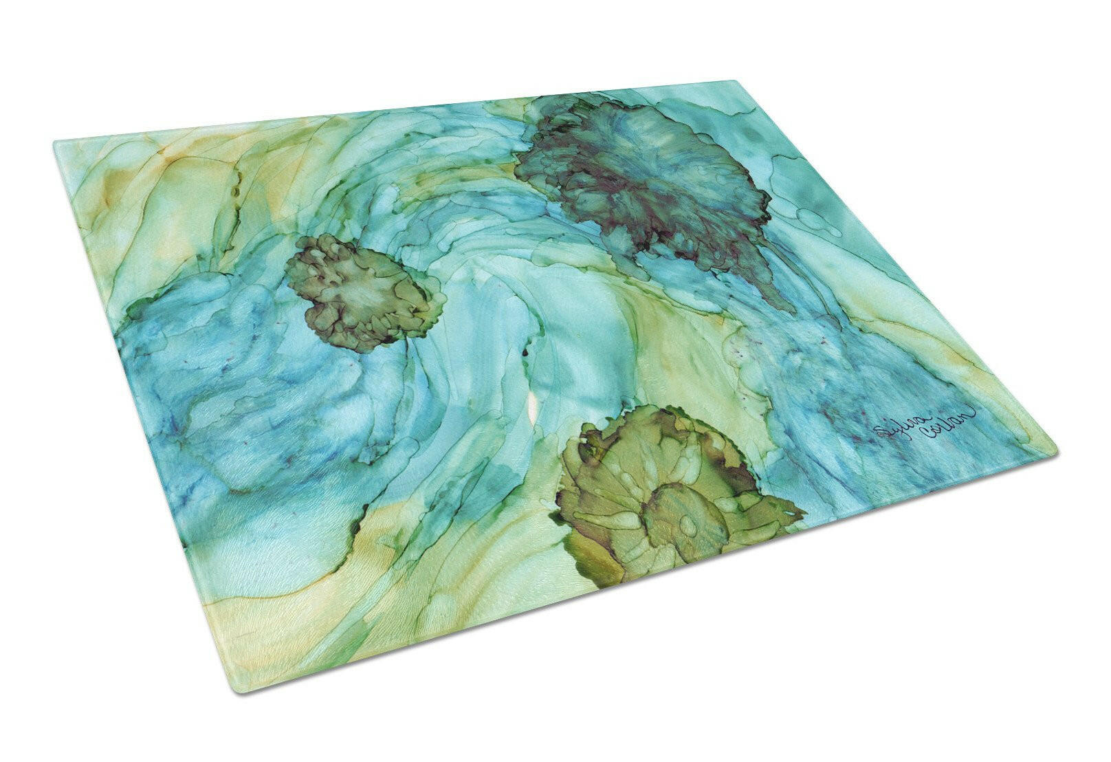 Abstract in Teal Flowers Cutting Board Tempered Glass Kitchen Cutting Surface, Heat Resistant Chopping, Non-Slip Feet, Food Prep & Serving
