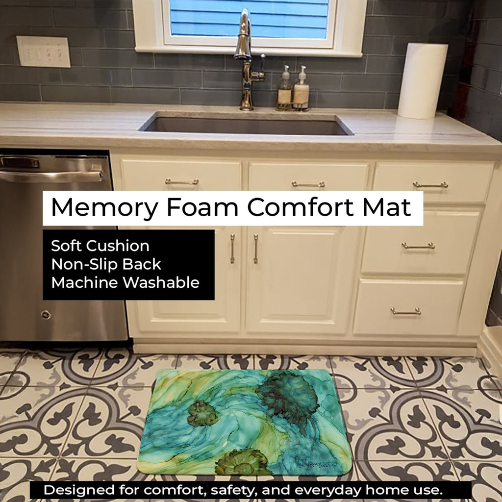 Abstract in Teal Flowers Memory Foam Kitchen Mat Machine Washable Anti-Fatigue Cushion Comfort Bath or Kitchen Rug