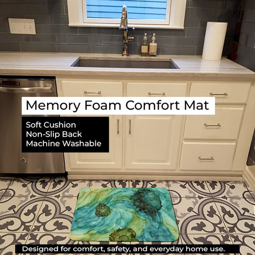 Abstract in Teal Flowers Memory Foam Kitchen Mat Machine Washable Anti-Fatigue Cushion Comfort Bath or Kitchen Rug