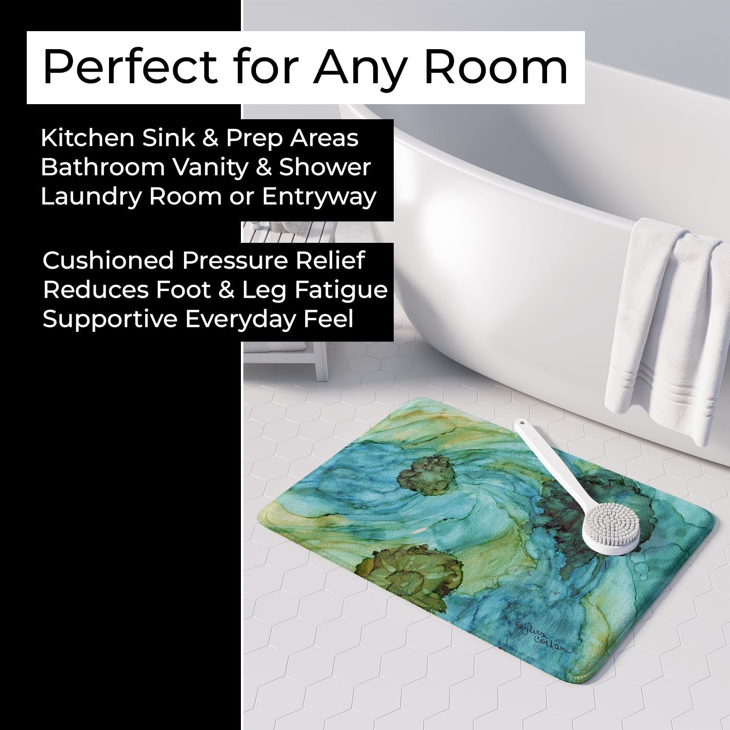 Abstract in Teal Flowers Memory Foam Kitchen Mat Machine Washable Anti-Fatigue Cushion Comfort Bath or Kitchen Rug